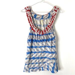Anthropologie Little Yellow Button Nautical Ruffle Tank Top Blue Red Stretch